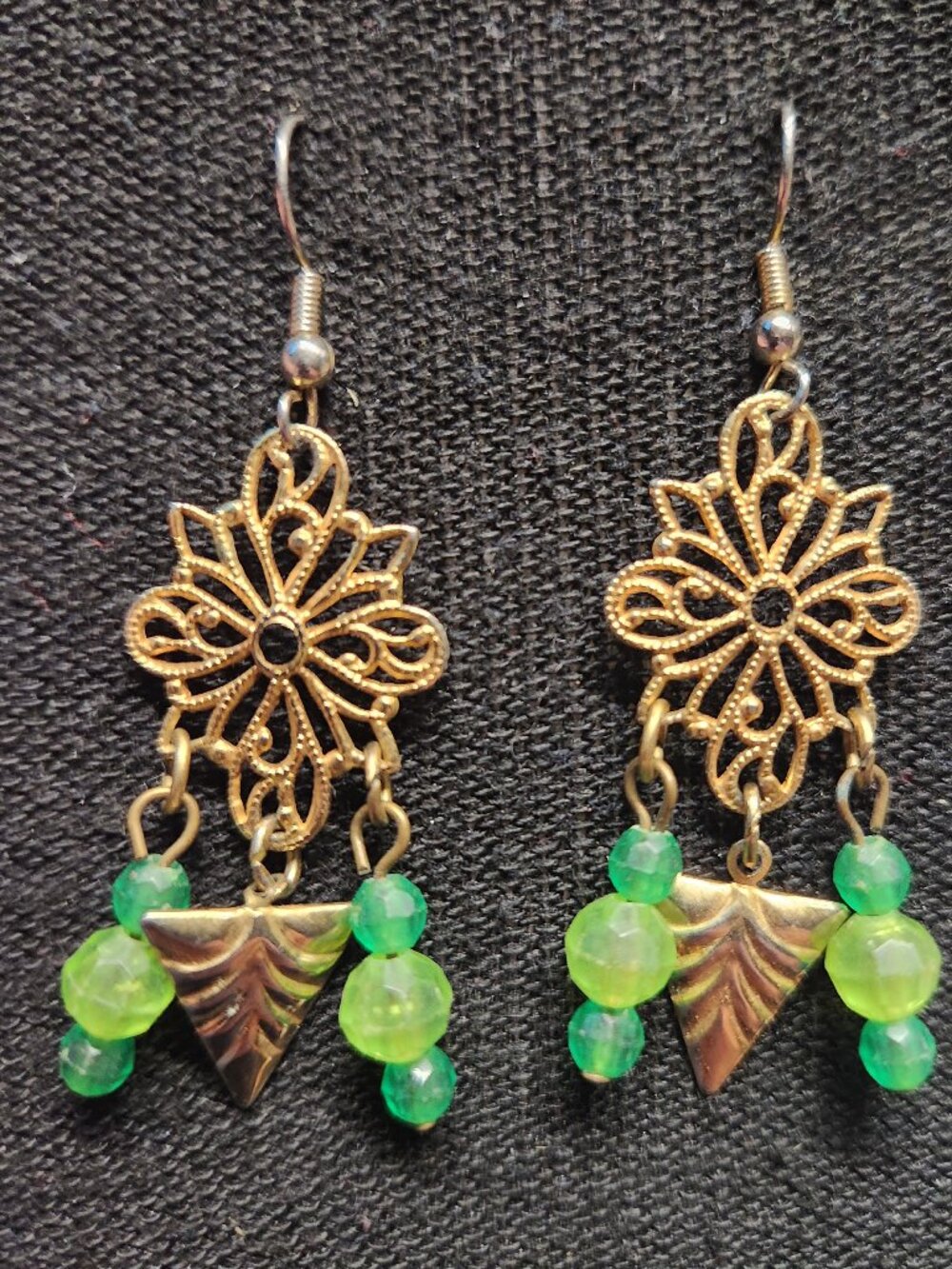 Gold Tone Filigree & Green Bead Chandelier Earrings Boho Statement